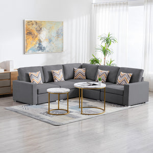 Nolan Gray Linen Fabric 5Pc Reversible Sectional Sofa with Pillows and Interchangeable Legs