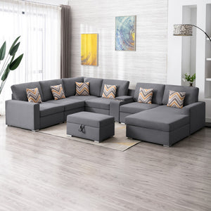 Nolan Gray Linen Fabric 8Pc Reversible Chaise Sectional Sofa with Interchangeable Legs, Pillows, Storage Ottoman, and a USB, Charging Ports, Cupholders, Storage Console Table