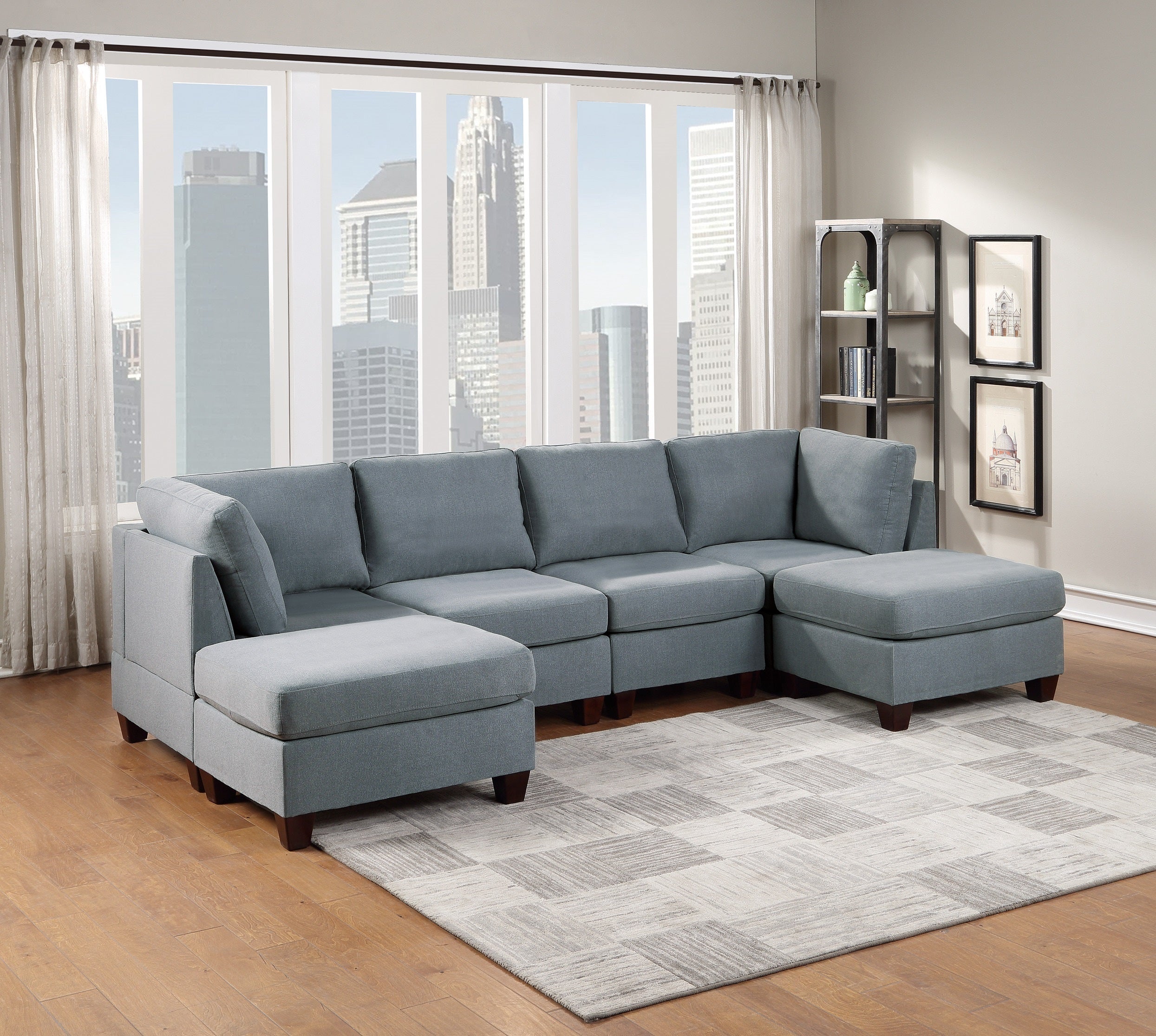 Grey Linen Like Fabric Modular Sectional 6pc Set