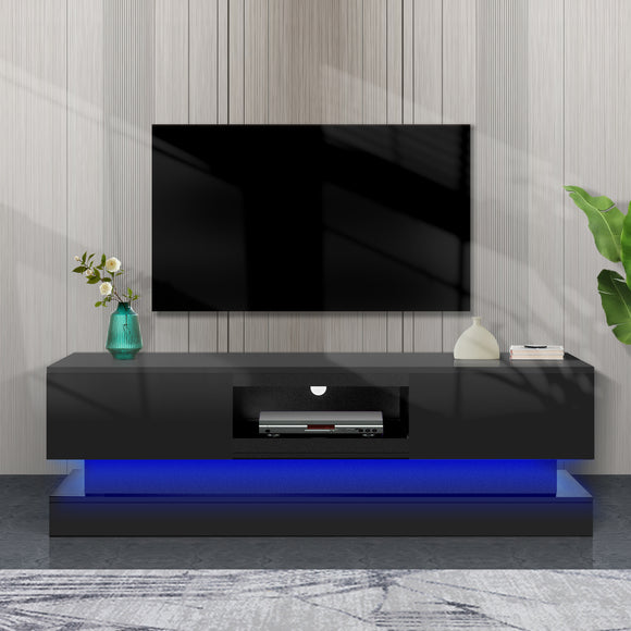 51.18inch  Black morden TV Stand with LED Lights,high glossy front TV Cabinet,can be assembled in Lounge Room, Living Room or Bedroom,color:BLACK