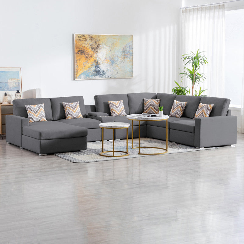 Nolan Gray Linen Fabric 7Pc Reversible Chaise Sectional Sofa with a USB, Charging Ports, Cupholders, Storage Console Table and Pillows and Interchangeable Legs