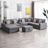 Nolan Gray Linen Fabric 8Pc Reversible Chaise Sectional Sofa with Interchangeable Legs, Pillows, Storage Ottoman, and a USB, Charging Ports, Cupholders, Storage Console Table