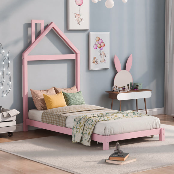 Twin Size Wood Platform Bed with House-shaped Headboard  (Pink)