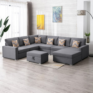 Nolan Gray Linen Fabric 7Pc Reversible Chaise Sectional Sofa with Interchangeable Legs, Pillows and Storage Ottoman