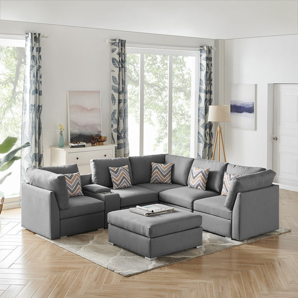 Amira Gray Fabric Reversible Sectional Sofa with USB Console and Ottoman