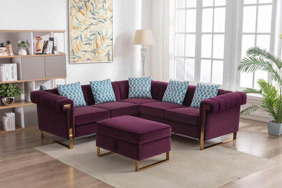 Maddie Purple Velvet 5-Seater Sectional Sofa with Storage Ottoman