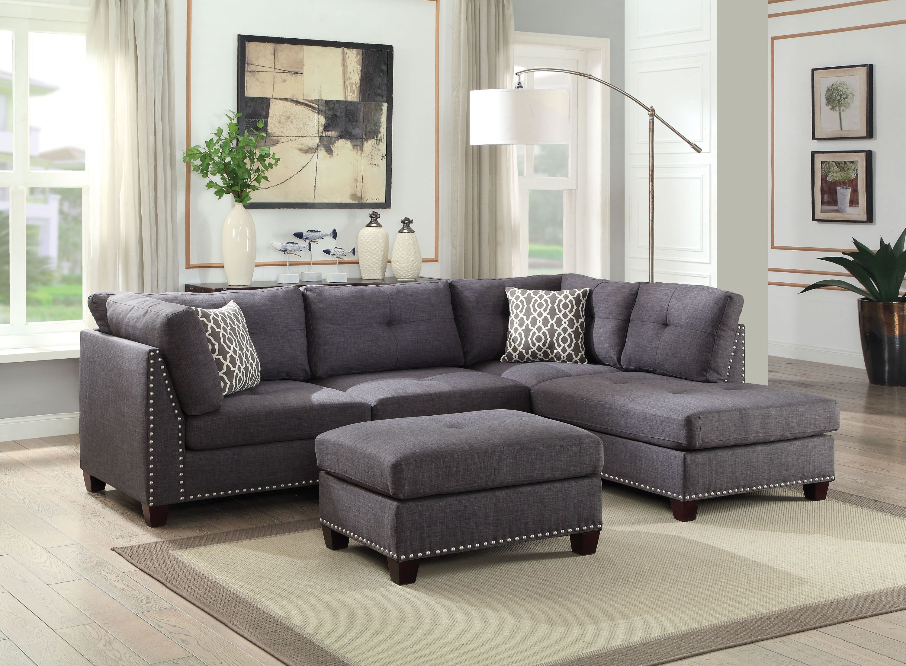 Laurissa Sectional Sofa & Ottoman (2 Pillows), Light Charcoal Linen