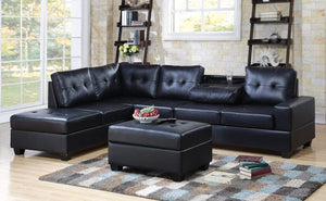 3 PC BONDED LEATHER SECTIONAL WITH DROP DOWN CUP HOLDERS AND STORAGE OTTOMAN IN BLACK BY HH AVAILABLE IN HOUSTON, DALLAS, SAN ANTONIO, & AUSTIN  SKU HEIGHTS-BLK