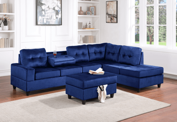 3PC SECTIONAL & OTTOMAN SET IN BLUE VELVET W/ DROP DOWN CUP HOLDER By HH AVAILABLE IN HOUSTON, DALLAS, AUSTIN, SAN ANTONIO, & NATIONWIDE