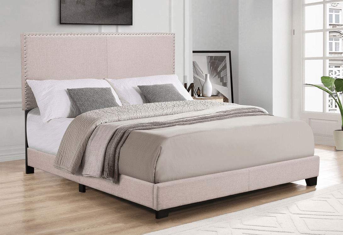 BEIGE LINEN BED W/ NAILHEADS By HH AVAILABLE IN HOUSTON, DALLAS, AUSTIN, SAN ANTONIO, & NATIONWIDE