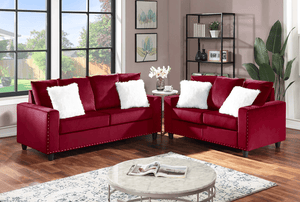 CINDERELLA RED VELVET SOFA AND LOVESEAT By HH AVAILABLE IN HOUSTON, DALLAS, AUSTIN, SAN ANTONIO, & NATIONWIDE