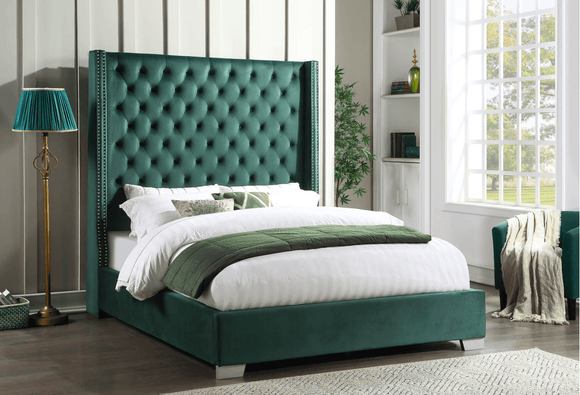 DIAMOND SKYE 6FT TALL BED IN GREEN VELVET By HH AVAILABLE IN HOUSTON, DALLAS, AUSTIN, SAN ANTONIO, & NATIONWIDE