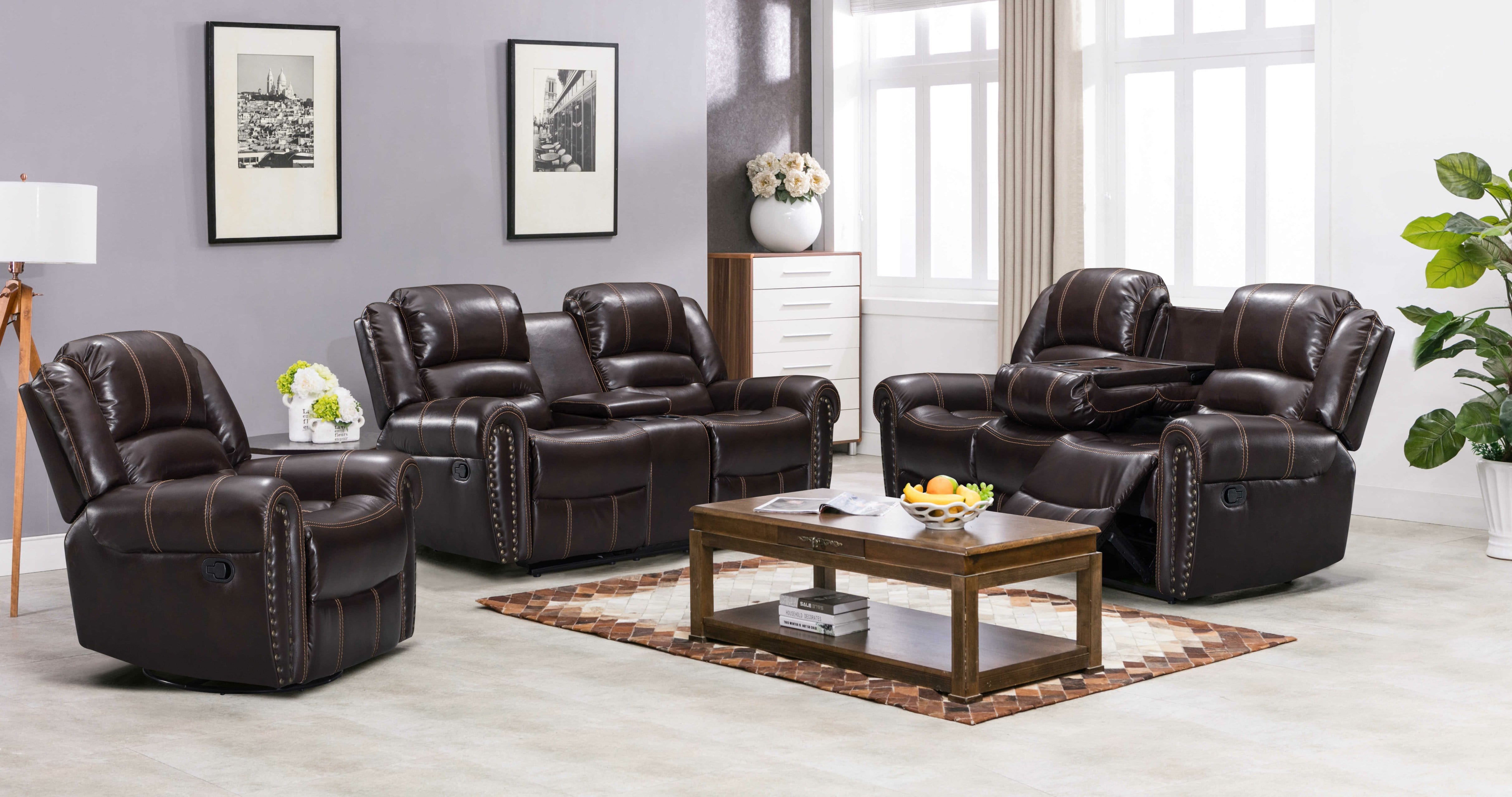 LEXINGTON 3PC RECLINING SET IN BROWN W/ NAILHEAD BY HH AVAILABLE IN HOUSTON, DALLAS, SAN ANTONIO, & AUSTIN  SKU LEX-911-BR