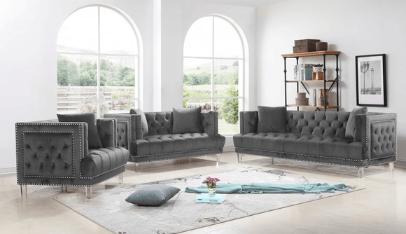 LUCAS LUXE 3PC SOFA, LOVESEAT & CHAIR IN GREY VELVET By HH AVAILABLE IN HOUSTON, DALLAS, AUSTIN, SAN ANTONIO, & NATIONWIDE