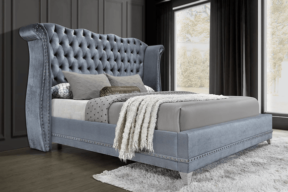 LUXOR PLATFORM BED IN GRAY VELVET BY HH AVAILABLE IN HOUSTON, DALLAS, SAN ANTONIO, & AUSTIN  SKU LUXOR-GY