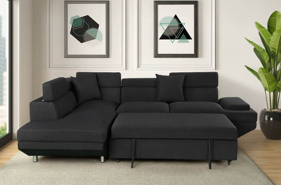 MIAMI BLACK SECTIONAL WITH PULL OUT BED BY HH AVAILABLE IN HOUSTON, DALLAS, SAN ANTONIO, & AUSTIN  SKU MIAMI -BLACK