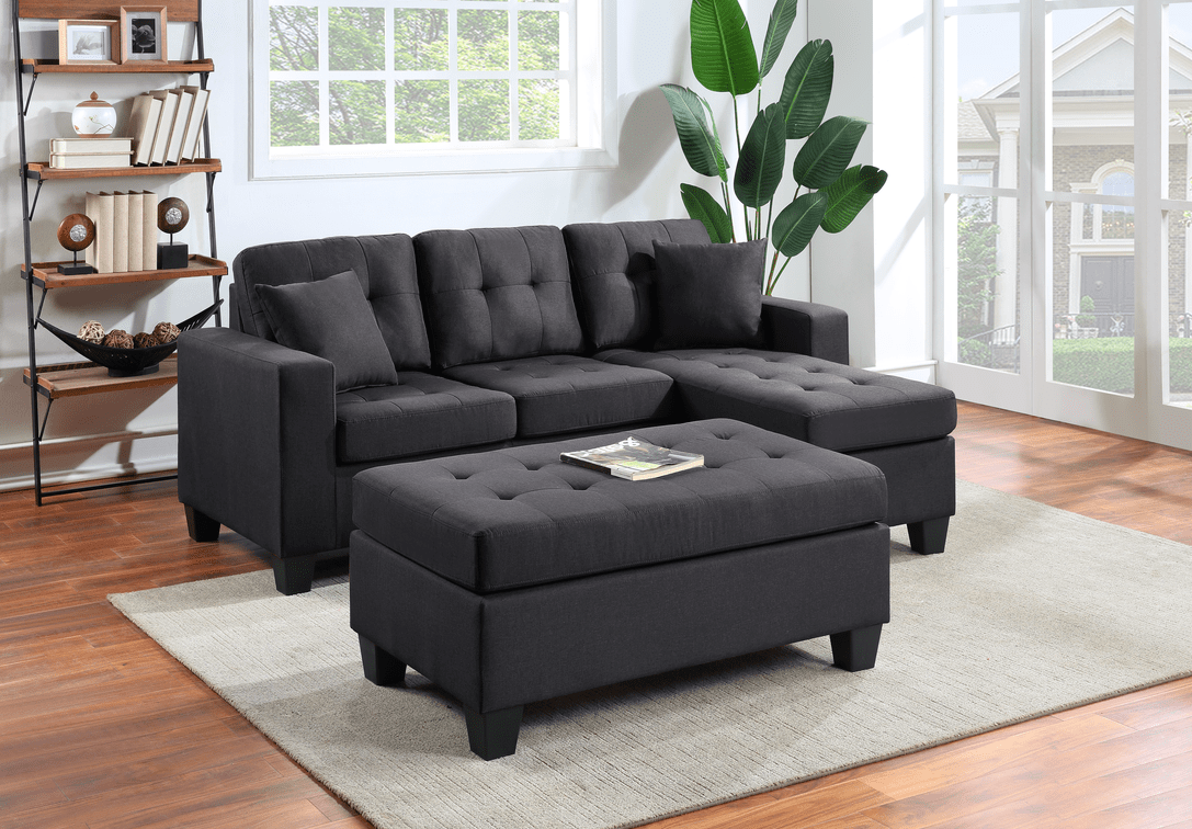 NAOMI BLACK LINEN REVERSIBLE SOFA CHAISE & OTTOMAN By HH AVAILABLE IN HOUSTON, DALLAS, AUSTIN, SAN ANTONIO, & NATIONWIDE