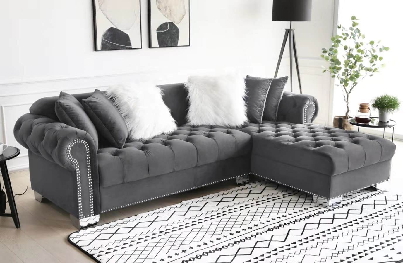 ROYAL 2 PC SECTIONAL IN GREY VELVET BY HH AVAILABLE IN HOUSTON, DALLAS, SAN ANTONIO, & AUSTIN  SKU ROYAL GREY