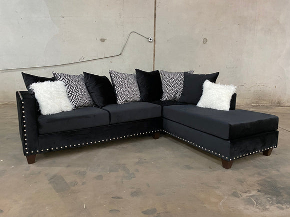 VELVET SECTIONAL WITH NAILHEADS IN BLACK BY HH AVAILABLE IN HOUSTON, DALLAS, SAN ANTONIO, & AUSTIN  SKU 200 -SECTIONAL BLACK