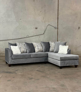 VELVET SECTIONAL WITH NAILHEADS IN GRAY BY HH AVAILABLE IN HOUSTON, DALLAS, SAN ANTONIO, & AUSTIN  SKU 200-GREY