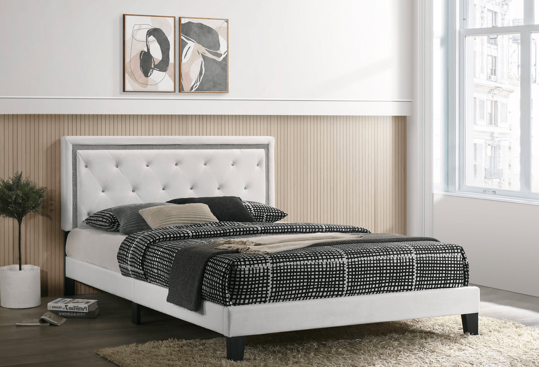 WHITE BED W/ SPARKLE STRIP AND TUFTED BUTTONS By HH AVAILABLE IN HOUSTON, DALLAS, AUSTIN, SAN ANTONIO, & NATIONWIDE