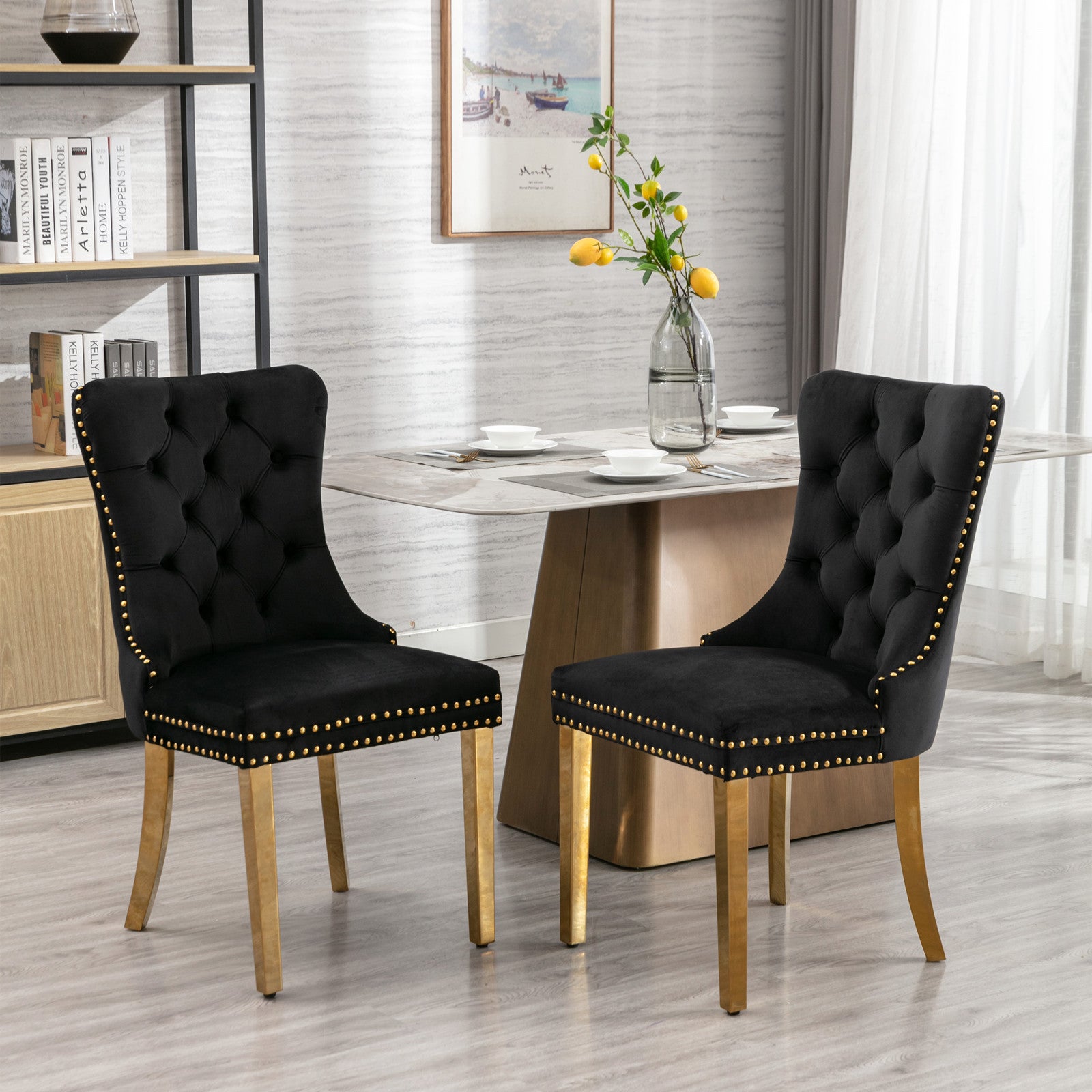 A&A Furniture,Nikki Collection Modern, High-end Tufted Solid Wood Contemporary Velvet Upholstered Dining Chair with Golden Stainless Steel Plating Legs,Nailhead Trim,Set of 2���Black and Gold, SW1601BK