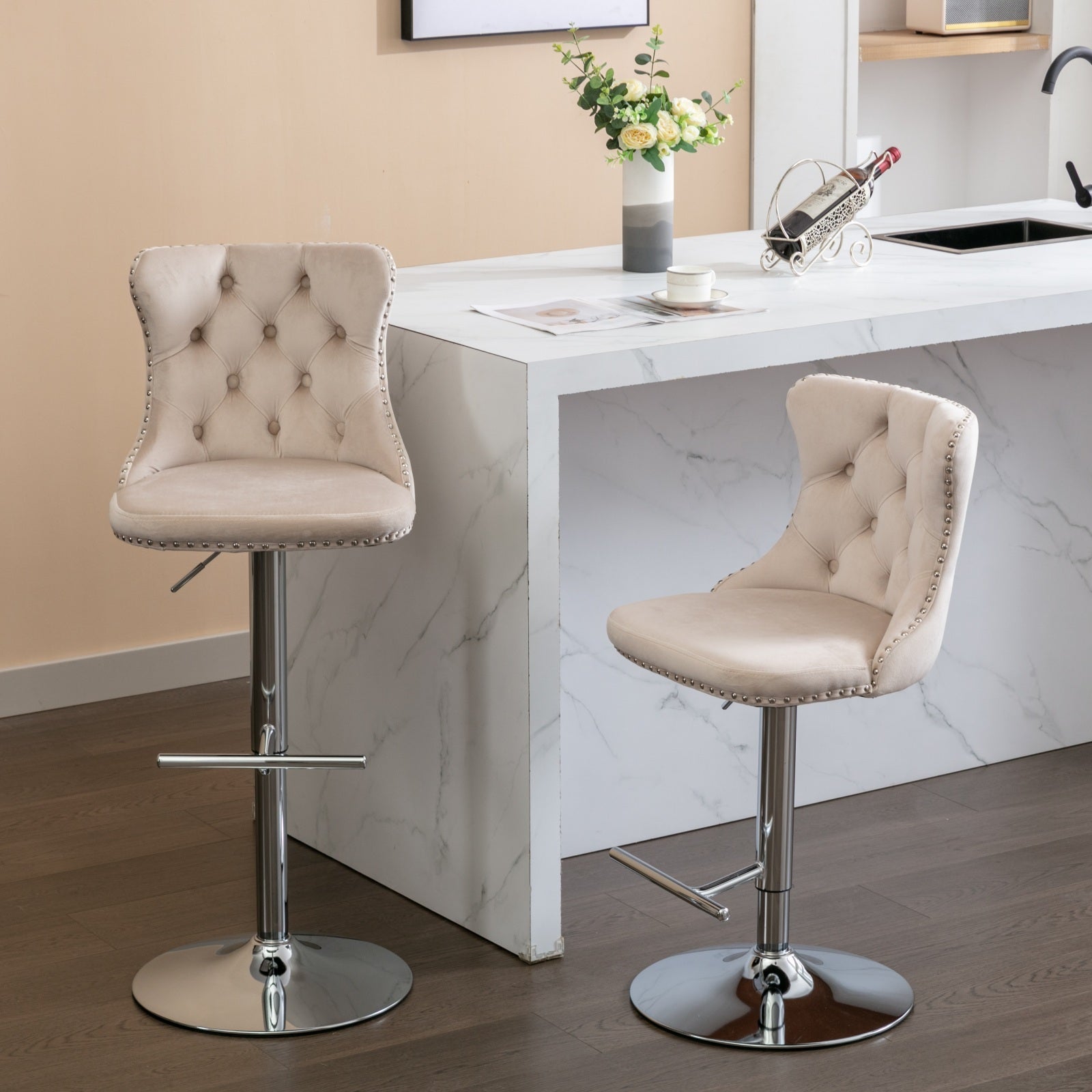 Beige Velvet Swivel Barstools Adjusatble Set of 2