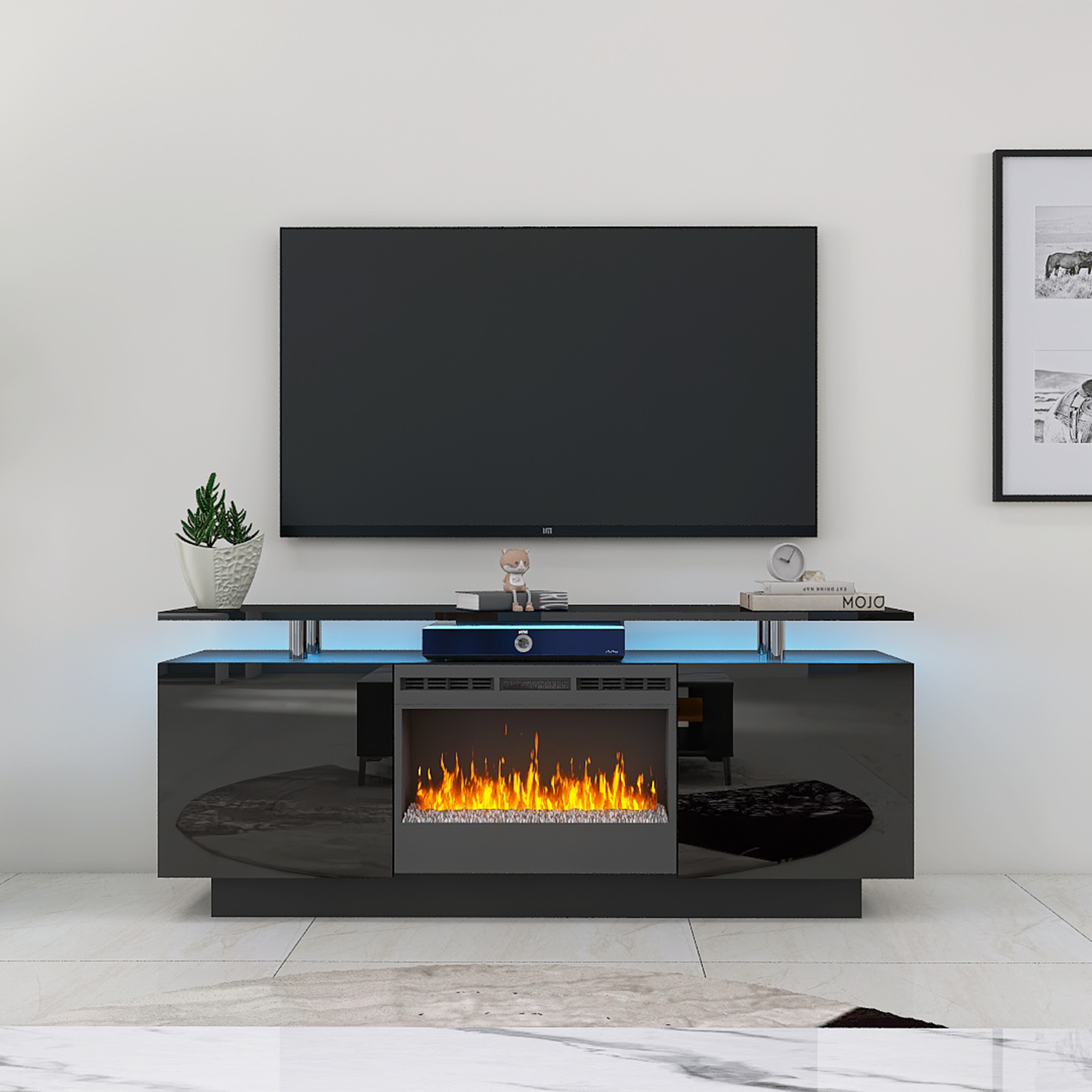 Black 160CM large TV Stand with LED fireplace