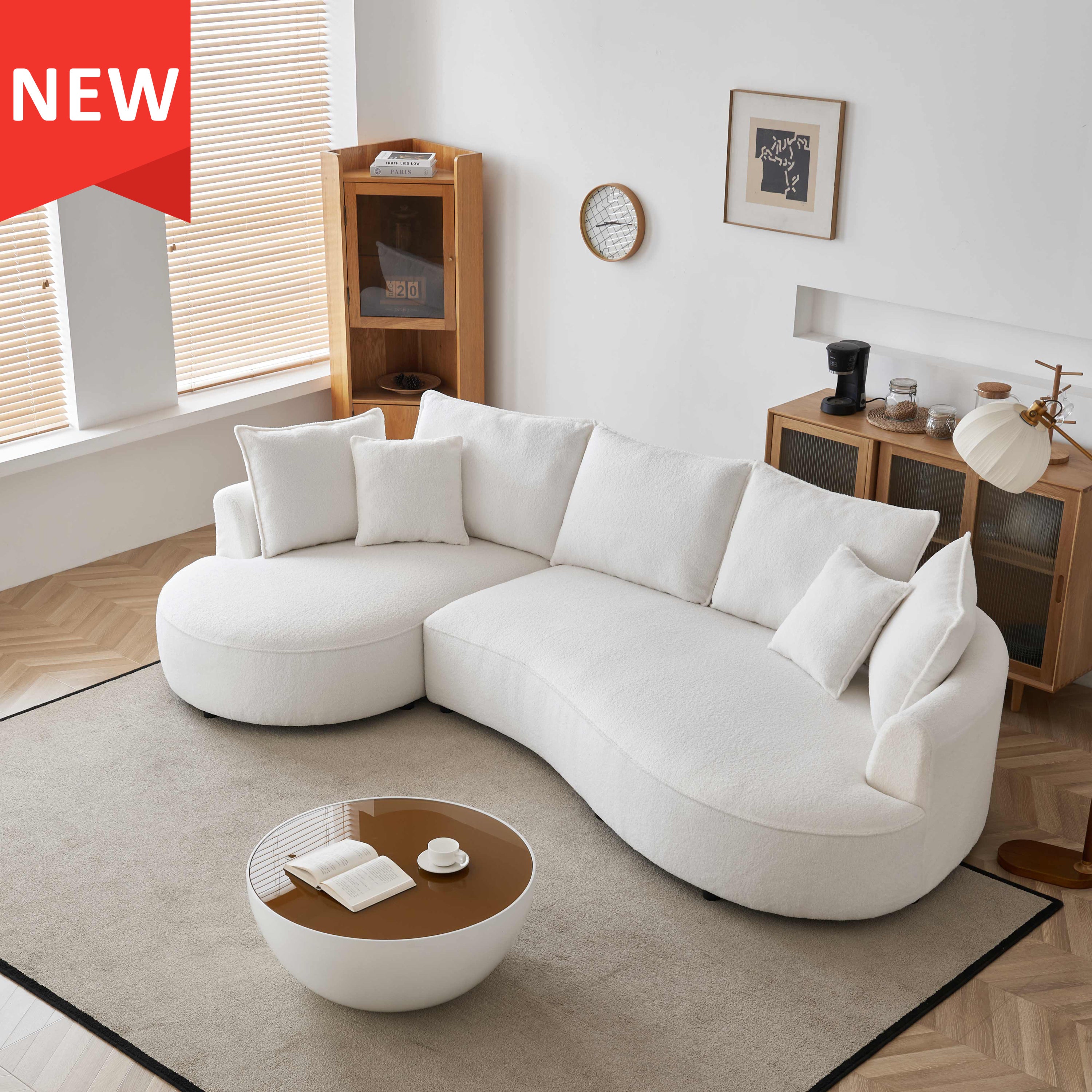 122.8" Modern Curved Modular Sectional in Sherpa Boucle Fabric Left Hand Facing