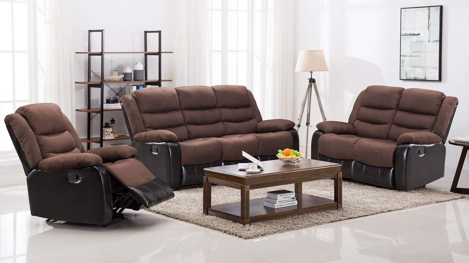 MIAMI BROWN MICROFIBER & BLACK PU RECLINING SOFA & LOVESEAT BY NEW ERA AVAILABLE IN HOUSTON, DALLAS, SAN ANTONIO, & AUSTIN  SKU S8383