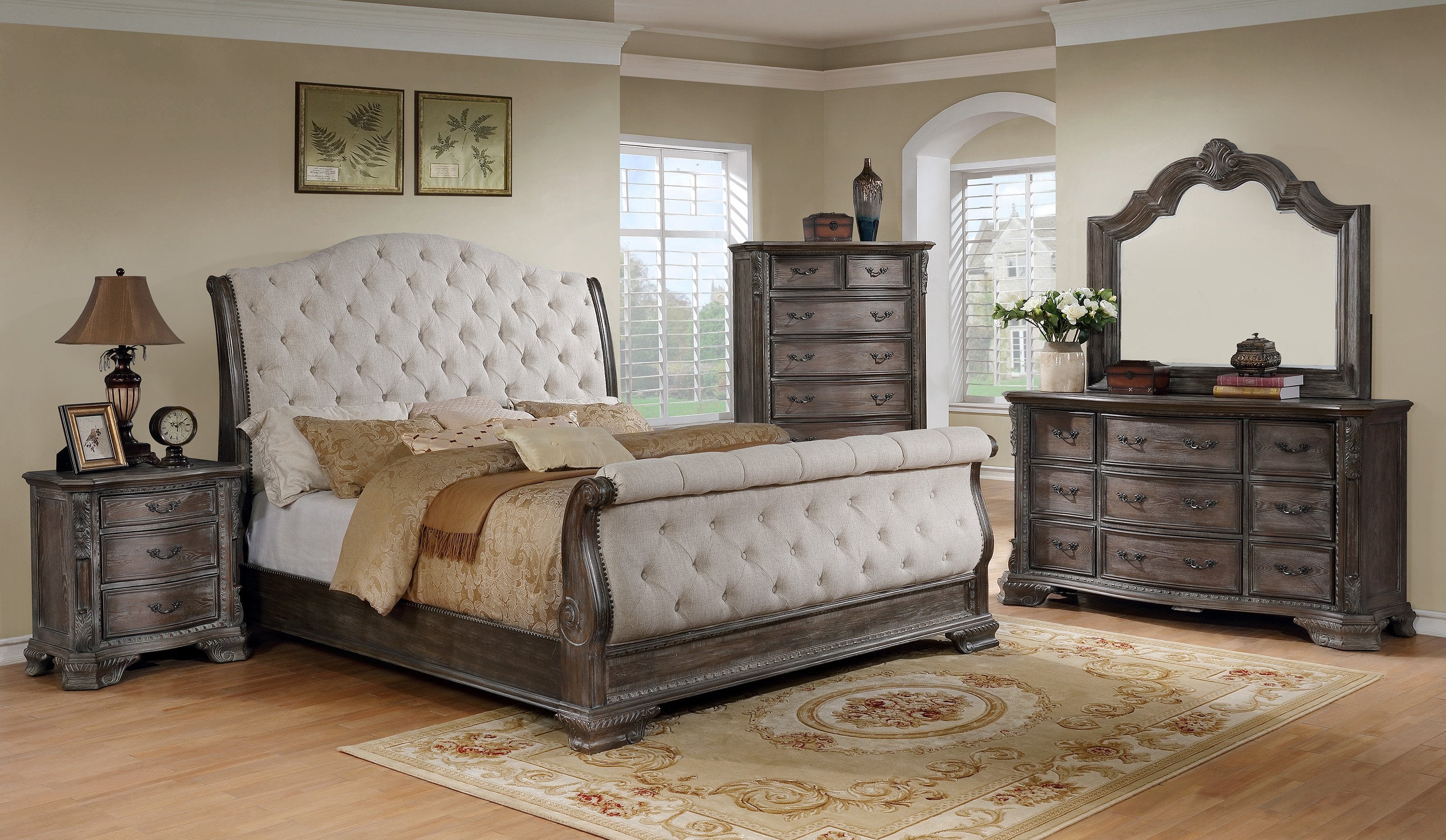 SHEFFIELD ANTIQUE GREY SLEIGH COMPLETE BEDROOM SET BY CROWNMARK AVAILABLE IN HOUSTON, DALLAS, SAN ANTONIO, & AUSTIN  SKU b1120-88